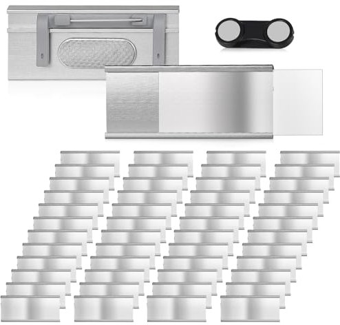 EFUTURETIME 50 x Badge Aimanté 72 mm x 31 mm avec Épingle et Clip de Poche, Porte-Badges en Aluminium pour le Travail, les Expositions, le Restaurant, l'école