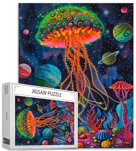 1000 Piece Jigsaw Puzzles for Adults Galaxy Planet Words Painting Jigsaw Puzzle Graffitic Jellyfish 1000 Pieces Puzzles Game Bubbles Coral Reef DIY Craft Puzzle Art Room Wall Decor Boho Gift(Green)