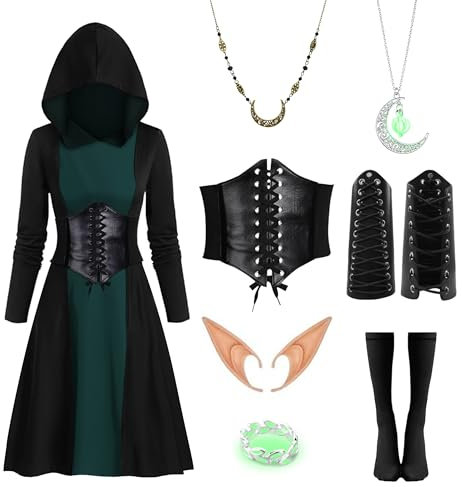 IEEILULU Robe Médiévale à Capuche, Gothique, Costume Vintage Renaissance Femme avec Corset, Oreilles d'Elfe pour Cosplay Carnaval Halloween (Vert, L)