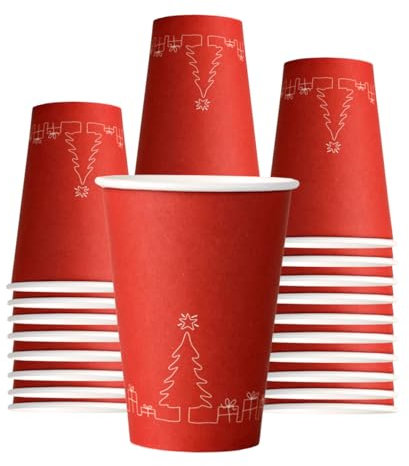Mecup Bicchieri in Carta Natalizi, Bicchieri Monouso Biodegradabili, 200 Pezzi, Tazza Caffè di Natale 200 ml, Usa e Getta, Per Bevande Calde e Fredde, Fantasia Natalizia. Fantasia: Rosso