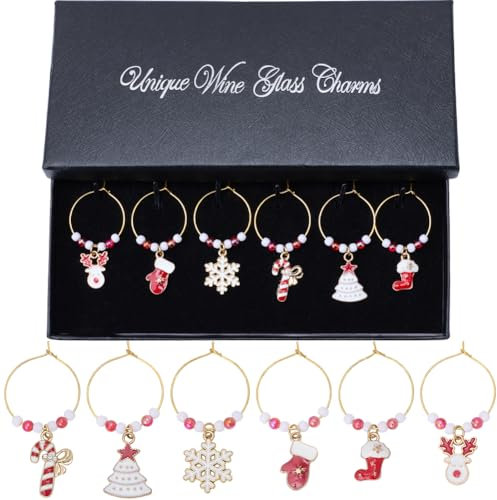 SUNNYCLUE 1 Box 6pcs Christmas Wine Bottle Charms Wine Glass Drink Charms Funny Red Gold Deer Stock Tree Charm Bulk for Champagne Party Favors Stem Glasses Wedding Birthday Home Decor Family Gathering