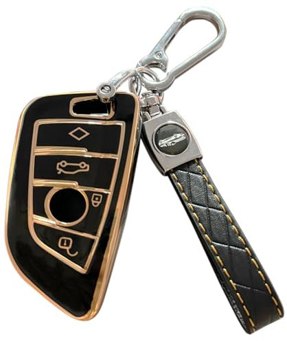 Schlüsselanhänger-Hülle für BMW: 4 Tasten, weiches TPU mit Leder-Schlüsselanhänger, Fernbedienung, passend für BMW 2, 3, 4, 5, 7, 8, Serie i7, X1, X2, X3, X4, X5, X6, X7, Z4, 2er-Serie, Gran Coupe
