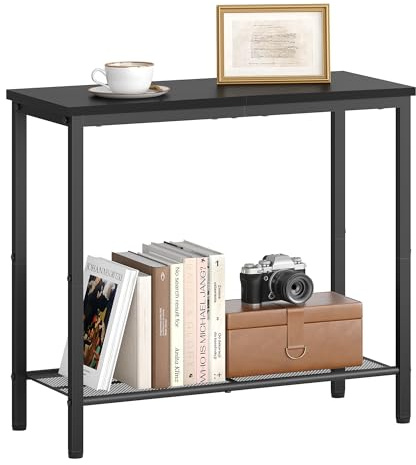 Hoctieon 2-stöckiger Beistelltisch, Sofa-Beistelltisch, schmaler Beistelltisch mit Stauraum, Schlanker Nachttisch Rustikal, für kleine Räume, Metallgestell, für Wohnzimmer, Schlafzimmer, Schwarz