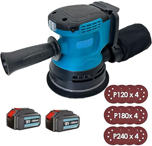 Akku-Exzenterschleifer mit 2x 5.5AH Akku, 125 mm Exzenterschleifer, Ersatz für Makita 18V Akku, Bürstenlosen Motor, 7500-15000RPM, für Holz und Stahloberflächen