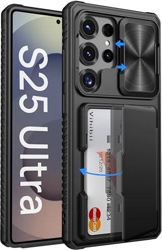 Vihibii für Samsung Galaxy S25 Ultra Hülle mit Kartenhalter, Schwarz | [RFID Blocker], Kameraschutz Schieber, Militärschutz Stoßfeste Kratzfest Robuste Schutzhülle für Samsung S25 Ultra 5G 6,9