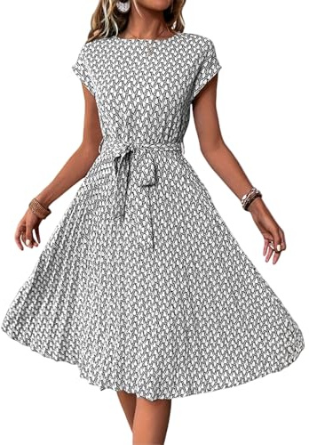 FUPODD Sommerkleid Damen Knielang Elegant Plissee Kleider Mit Gürtel Sommerkleider Damen Leicht Und Luftig Damenkleider Frauen Sommer Kleid Geblümt Strandkleid Schwingen Freizeitkleider Plisseekleid