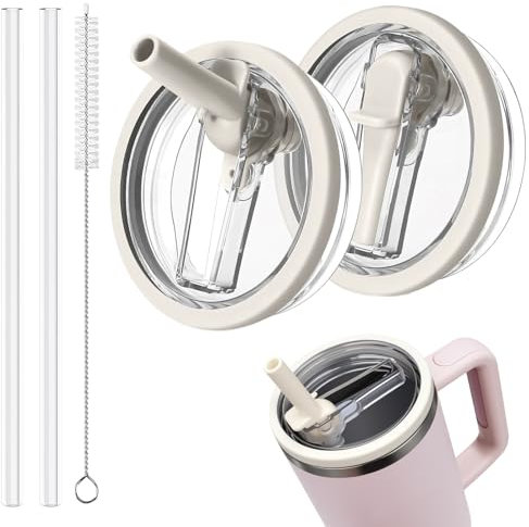 2 Stück Cup Deckel Auslaufsicher für Stanley 40oz, Flip Straw Deckel Dicht Wiederverwendbarer Ersatzdeckel für Stanley Cup Zubehör,mit 2 Trinkhalmen and 1 Strohhalm Bürste (Beige)
