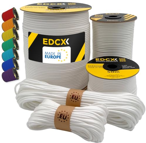 EdcX Paracord 4mm, 35+ Solid Colors (10m, 15m, 30m, 50m, 100m, 300m) | Ideal for Crafting, DIY, Camping, Survival, Outdoor | 100% Nylon Rope 4mm | Tactical Cord 550 Type III (White, 3 m)