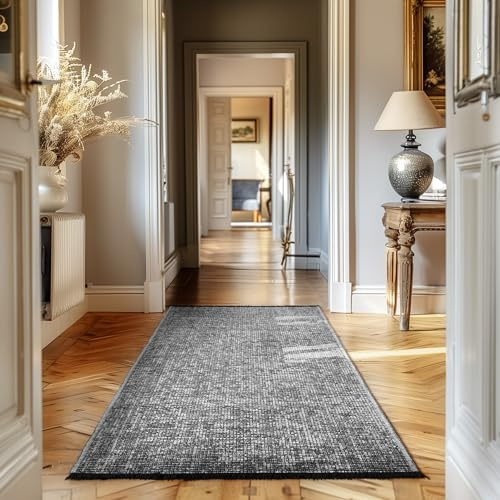 Teppium, Baumwolle Chenille Teppich Läufer Grau 80x150 cm Waschbar, Boho-Stil, Vintage Kelim, Kurzflor, rutschfest & Weich, Einfarbig Meliert, Für Küche, Schlafzimmer & Flur