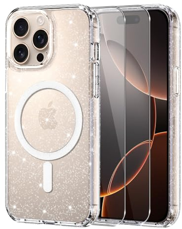 Knrlqim Cover per iPhone 16 Pro Compatibile con MagSafe, Brillantini | Custodia Magnetica Trasparente TPU, 2x Vetro Temperato 9H, Antiurto, Antigraffio, Glitzer Case per iPhone 16 Pro, Anti-Giallo