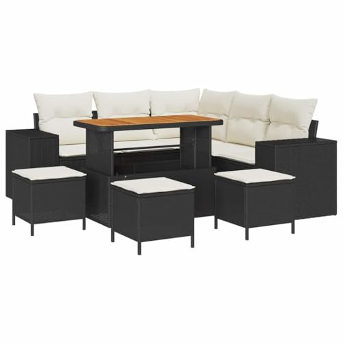 vidaXL Garten-Sofa-Set 9 pcs Schwarz Poly-Rattan, Al Fresco Treffen, modernes Garten-Lounge-Set, wetterfestes Sofa, Flexible Sitzplätze, Akazienholz-Design