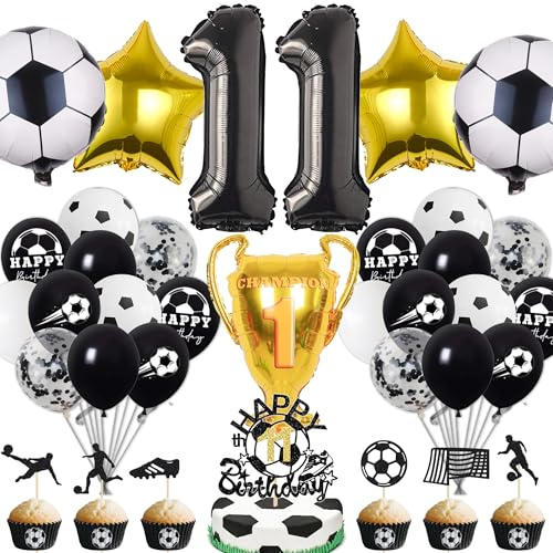 Fussball Deko Geburtstag Kinder 11 Jahre Junge - 11. Geburtstagsdeko Luftballons Fußball Folienballon, Tortendeko und XXL Zahlenballon zum Kindergeburtstag Party Dekoration