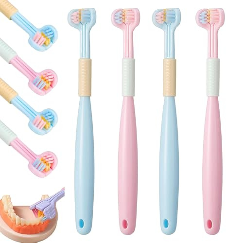 4 Stück Zahnbürste Kinder, Ultra-soft 360°-Reinigung, Dreiseitige Zahnbürste Kinderzahnbürste, Kids Toothbrush, dreidimensionale Borstenpflege Zähne Zahnfleisch (Blau/Rosa)