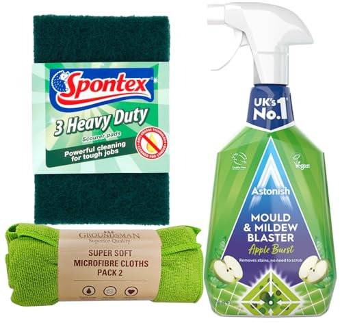 3 Piece Household Cleaning Bundle Giftset – Astonish Mould & Mildew Blaster 750ml, Groundsman Super Soft 2 Microfibre Cloths 36x36cm, Spontex Heavy Duty 3 Scourer Pads