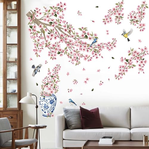 Kirschblüte Wandaufkleber für Schlafzimmer: Abziehen und Kleben Rosa Blume Vogel Baum Zweig Wandtattoo - Wohnzimmer Badezimmer für Alle Erwachsenen