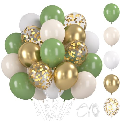 BlooMoo 60 Stück Luftballons Grün Weiß Gold, 12 Zoll Latex Luftballons Salbeigrün Beige, Metallic Ballons und Konfetti Ballons Set, für Geburtstag Hochzeit Party Dekoration