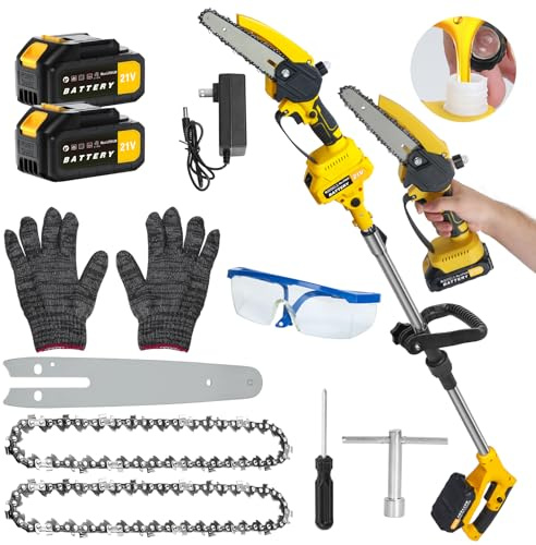 Tronçonneuse sur Perche Électrique, Perche Télescopique 0.9 5.9 Pieds, Moteur Sans Balais, 2 Batteries 1.5Ah, Coupe Branches Jardin Élagage (Jaune)
