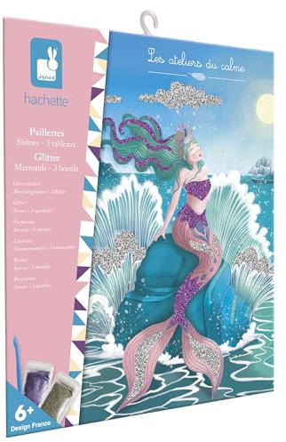 Janod – Set „Pailletten Meerjungfrauen” – 3 Bilder zum Verzieren mit Pailletten – Kreatives Bastelset für Kinder – Förderung der Feinmotorik und Kreativität – ab 5 Jahren