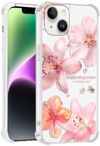 Tivkofk Floral Phone Case for iPhone 13/iPhone 14 6.1'', Cute Pink Hibiscus Flower Design Summer Case, Clear Transparent Anti-yellowing Slim PC Shockproof Protection Cover for Girls Women