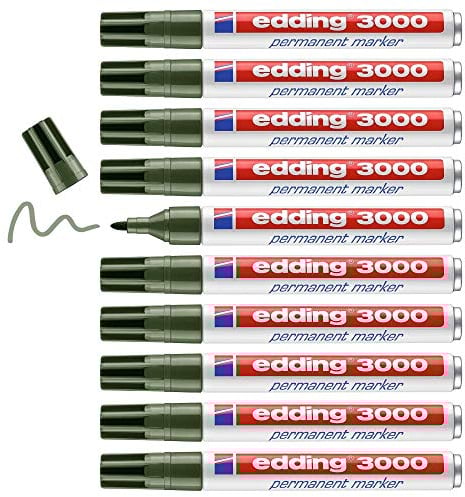 edding 3000 Permanentmarker - oliv-grün - 10 Stifte - Rund-Spitze 1,5-3 mm - schnell trocknender Permanent Marker - wasserfest, wischfest - für Karton, Kunststoff, Holz, Metall - Universalmarker