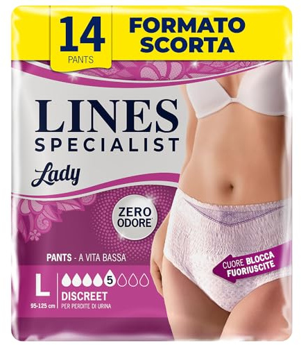 Lines Specialist Lady Pants Discreet, Mutande Assorbenti per Incontinenza Donna, Vita Bassa, Femminili e Discreti, Zero Odore e Barriere Laterali Protettive, Taglia L, 2 Confezioni da 7 Unità