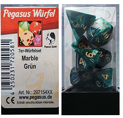 Pegasus Spiele 207154XX - Würfel, Marble: Grün, 7er-Set in Acrylbox