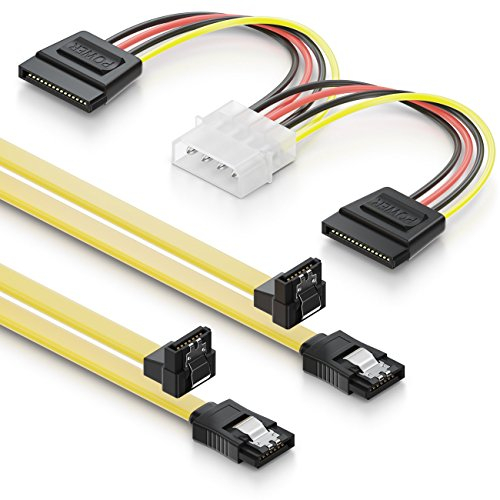 deleyCON 2x 0,5m Cables S-ATA 3 + 4 Pines a 2 Adaptadores de Alimentación SATA - Cable de Datos HDD SSD con Clip - 1 Enchufe Recto a 1x Enchufe en Àngulo de 90°