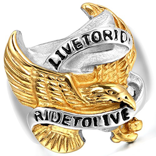 Flongo Herrenring Männer Ringe Daumenring Bandring Siegel Ring, Live to Ride - Ride to Live Edelstahl Ring Silber Schwarz Gold Golden Adler Falke Flügel Punk Rock Herren