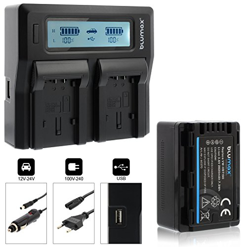 Blumax Akku ersetzt VW-VBT190 2020mAh + Doppelladegerät VW-VBT190 Dual Charger | passend zu diversen Panasonic Kameramodellen || 2 Akkus gleichzeitig Laden
