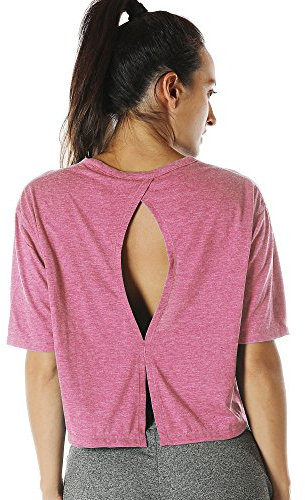 icyzone Sport T-Shirt Damen Fitness Kurzarm Shirt Rückenfrei Yoga Crop Top Oberteile Loose Fit (M, Pink)