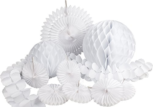 HEKU 30008-06: Party-Deko-Set mit Wabenbällen, Dekofächern und einer Girlande aus Papier, 10-teilig, weiß
