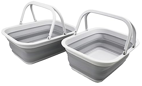 SAMMART Set of 2-9.2L Collapsible Tub with Handle - Portable Outdoor Picnic Basket/Crater - Foldable Shopping Bag - Space Saving Storage Container (Grey, 2)