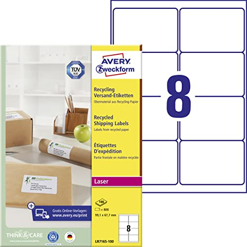 AVERY Zweckform LR7165-100 Recycling Etiketten (800 Versandetiketten, 99,1x67,7mm auf A4, 100% recyceltes Altpapier, bedruckbar, selbstklebend, für DIN B4/C4 Umschläge) 100 Blatt, naturweiß