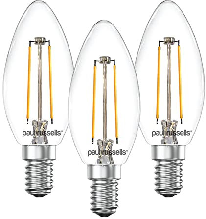 paul russells LED Candle Filament Light – 2.5W 25W Equivalent Replacement, 250LM Lumens, 2700K Warm White, SES E14 Small Edison Screw C35 Bulbs – Bright Energy Saving Non-Dimmable Lamps - 3 Pack