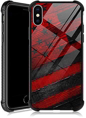 DJSOK Compatible with iPhone XR Case，Design Pattern Back Bumper Anti Scratch Reinforced Corners Soft TPU Caver,Cases for Men Women-Black red Wood Grain American Flag