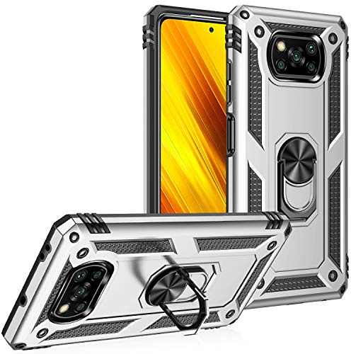 BestST Hülle für Xiaomi Poco X3 Pro/Poco X3 NFC + schutzfolie,HandyHülle für Xiaomi Poco X3 Pro/Poco X3 NFC Cover,Armor Stoßfest TPU PC Schutzhülle Ringhalter Handytasche Case Hüllen,Silber