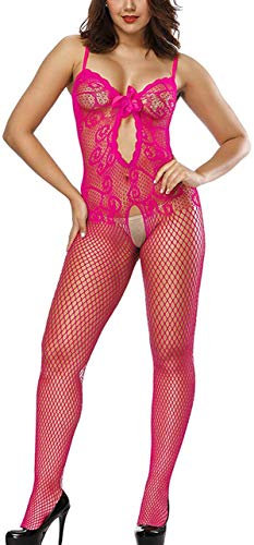 Creamlin Calze di pizzo da donna Lingerie Floreale a rete Tute da notte per feste e appuntamenti romantici (Rosa)