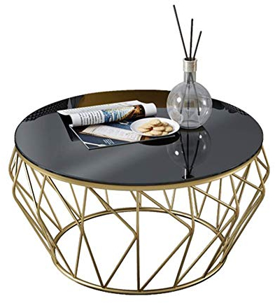 Table basse ronde en verre trempé noir, table basse moderne en fer pour salon, bureau, 57 x 45 cm (couleur : noir)