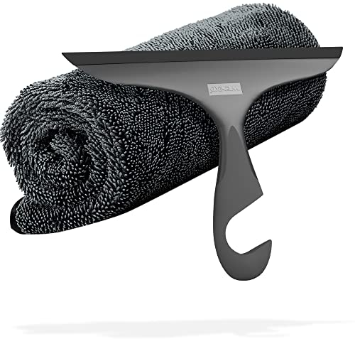 Red Wash - Bundle zum Trocknen & Reinigen der Dusche - Wenko Duschabzieher schwarz mit Silikonlippe & Haken, 22cm + Red Wash Mikrofaser Trockentuch L, 50x80 cm, extra saugstark,1000 GSM