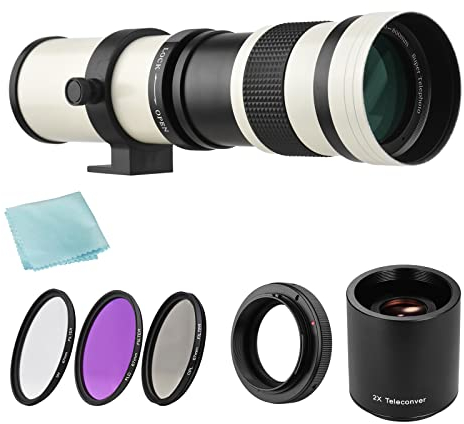 Andoer Kamera MF Super Telezoom Objektiv F/8,3-16 420-800mm T Mount + UV/CPL/FLD Filter Set +2X 420-800mm Telekonverter + T2-EOS Adapterring Ersatz für Canon EF-Mount EOS Rebel Kameras