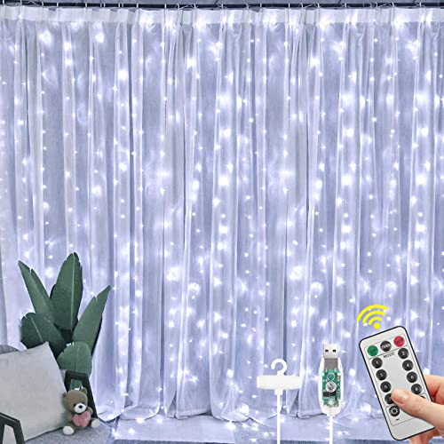 Vicloon LED Lichtervorhang, 3M*3M 300 LEDs USB Vorhanglichter mit Fernbedienung, IP65 Wasserfest, 8 Modi Vorhang Lichterkette, LED Lichterkettenvorhang für Weihnachten, Partydekoration -Weiß