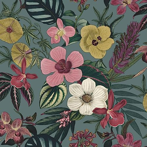 SOPHIE LAURENCE Floral Orchid Wallpaper Pink Yellow Exotic Tropical Palm Leaves Smooth - Textured, Washable, Strippable - Paste The Paper Feature Wallpaper (Teal, Sample)