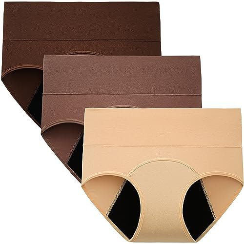 INNERSY Damen Perioden Unterwäsche Hohe Taille Menstruationsunterwäsche Schutzslip 3er Pack (42, Beige/Braun/Kaffee)