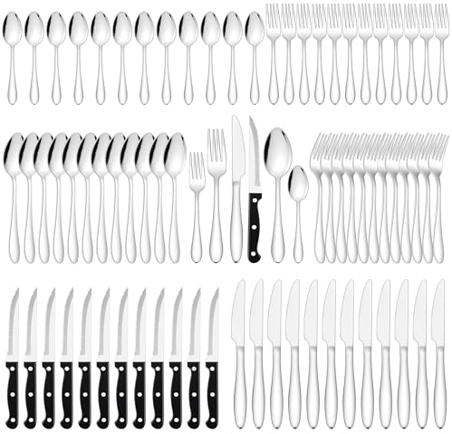 Besteck Set, Joyfair 72-teiliges Edelstahl Essbesteck mit Steakmesser, Besteckset 12 Personen mit Gabel Messer Löffel, Elegantes Tafelbesteck Set für Familie/Restaurant/Bistro/Party, Spülmaschinenfest