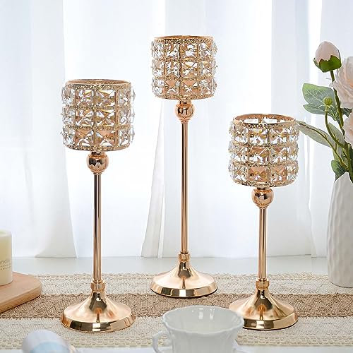 Juego de 3 portavelas de cristal para centro de mesa (dorado)