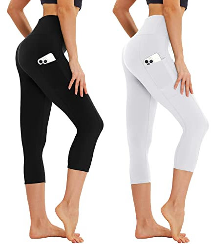 AMIYOYO Capri Leggings Damen mit Taschen 3/4 Sport Leggins High Waist Sporthose Blickdicht Elastisch 7/8 Yoga Hose Fitness Laufen für Outdoor 2er Pack(Schwarz+Weiß,S-M=DE34-40)