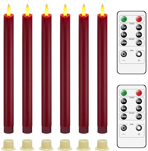 AiiBowy Led Kerzen [6er Set ] Flammenlose Kerze, 24 Stunden Timer Funktion mit Fernbedienung, Batteriebetriebene mit 3D Flamme, Fensterkerzen, Led Stabkerzen Home Deko Weihnachten Party (Rot)