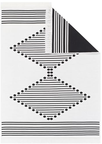 TAPISO Azteca Teppich Kurzflor mit Fransen Creme Schwarz Baumwolle Beidseitig Anwendbar Waschmaschinenfest Waschbar Wohnzimmer Schlafzimmer Küche ÖKOTEX 120 x 170 cm