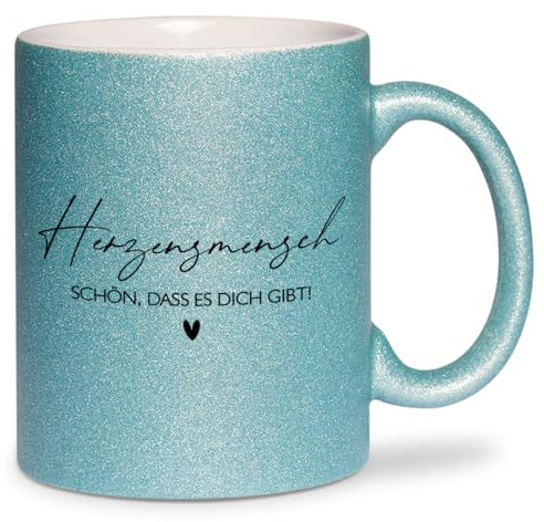 glitzertassen.de® | Herzensmensch - Schön, dass es dich gibt | Tasse mit Glitzer | Geschenkidee | Muttertag | Mama | Kaffeebecher | Keramik | 330 ml | Türkis