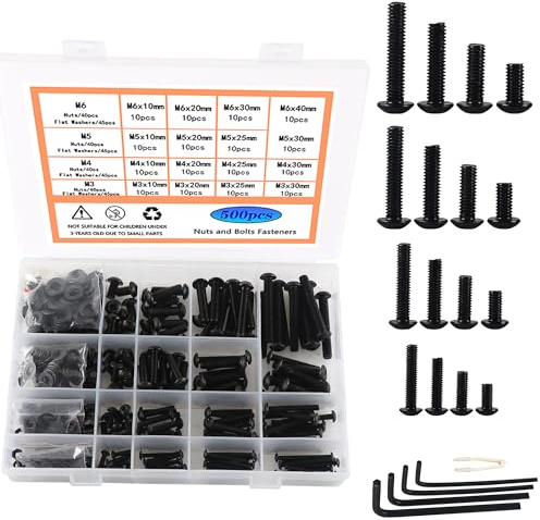 Rshuhx M3 M4 M5 M6 Sechskantschrauben Kohlenstoffstahl Schwarz Schrauben und Muttern Unterlegscheiben Set 500Stück Hex Socket Rund-Knopfkopf Linsenkopf Bolzen mit Schraubenschlüssel